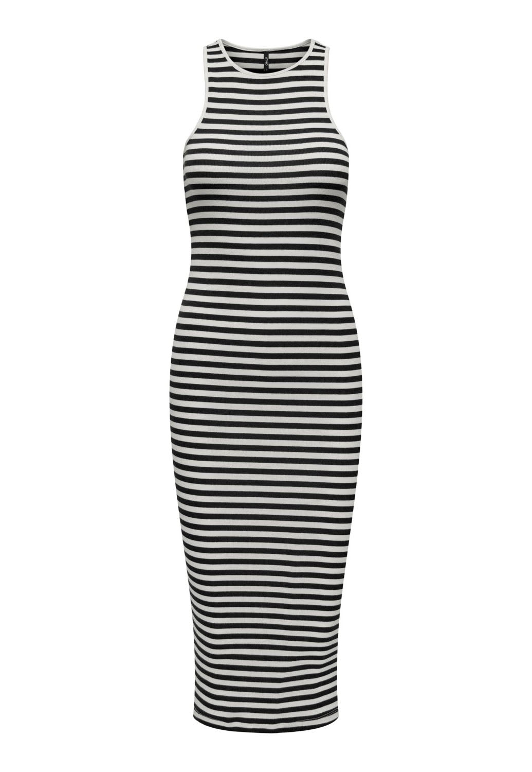 ONLY Any Stripe Ribbed Jersey Midi Sun Dress with Racer Neckline in White & Black - concretebartops