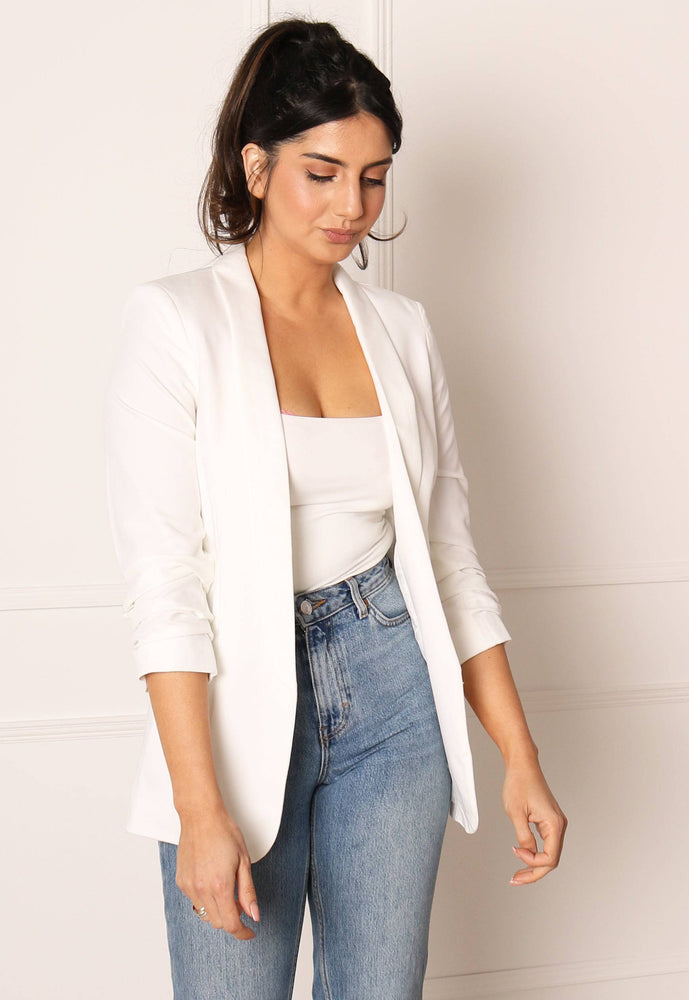 PIECES Ruched Sleeve Blazer in White - concretebartops