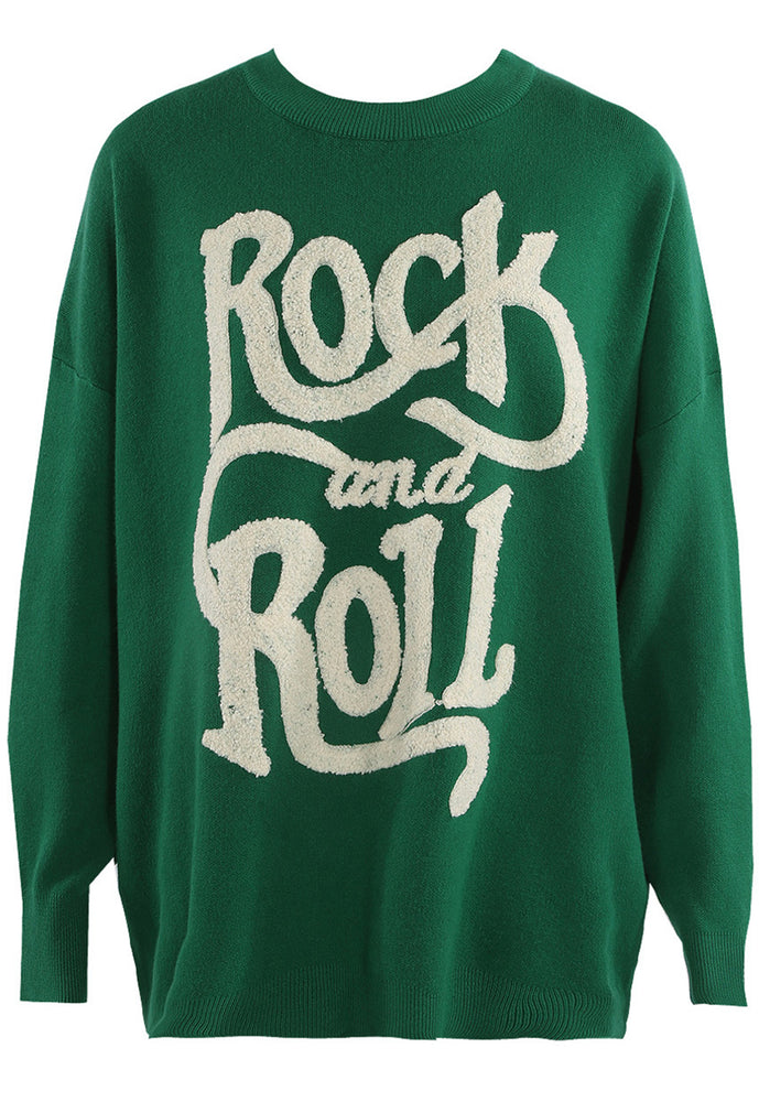 Wavy Rock and Roll Slogan Oversized Soft Knit Jumper in Green & White - concretebartops