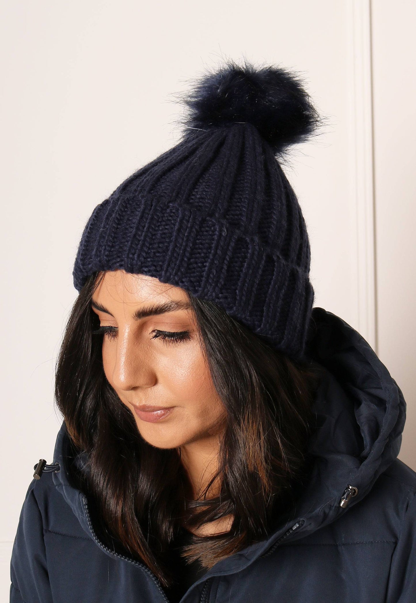 Pom Pom Ribbed Knitted Beanie Hat with Matching Fur in Navy Blue - concretebartops