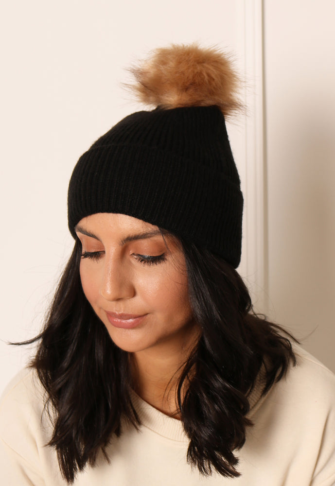 PIECES Rib Knit Beanie Hat with Faux Fur Pom in Black & Natural - concretebartops