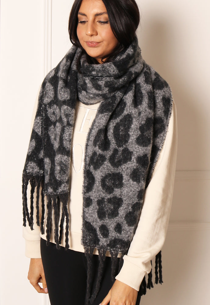 ONLY Leopard Print Oversized Brushed Scarf with Tassels in Black & Grey - concretebartops