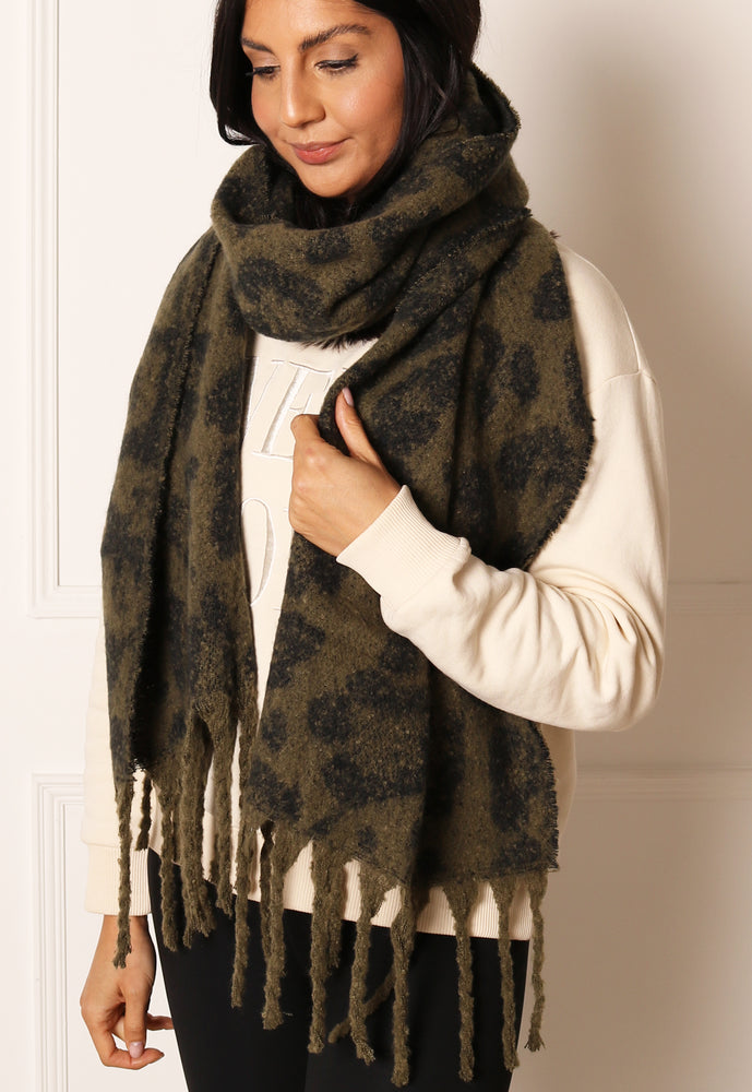 ONLY Leopard Print Oversized Brushed Scarf with Tassels in Khaki & Black - concretebartops