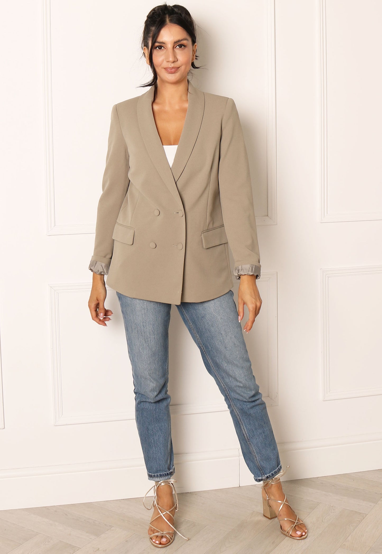 VERO MODA Zamira Oversized Double Breasted Blazer in Beige - concretebartops