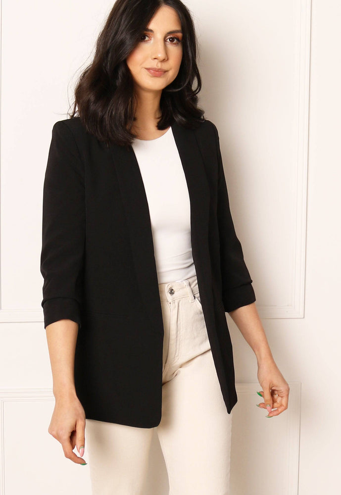 ONLY Elly Ruched Sleeve Open Blazer in Black - concretebartops