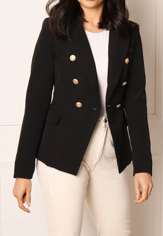 Double Breasted Gold Button Blazer in Black - vietnamzoom