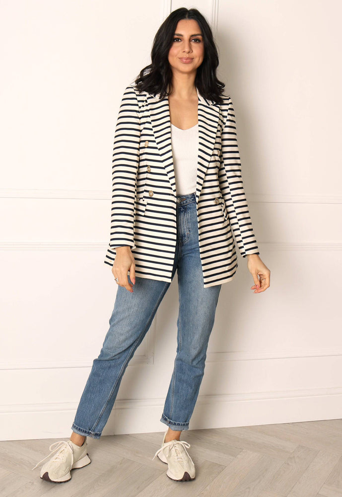 ONLY Stripe Tailored Double Breasted Blazer in Cream & Navy - vietnamzoom
