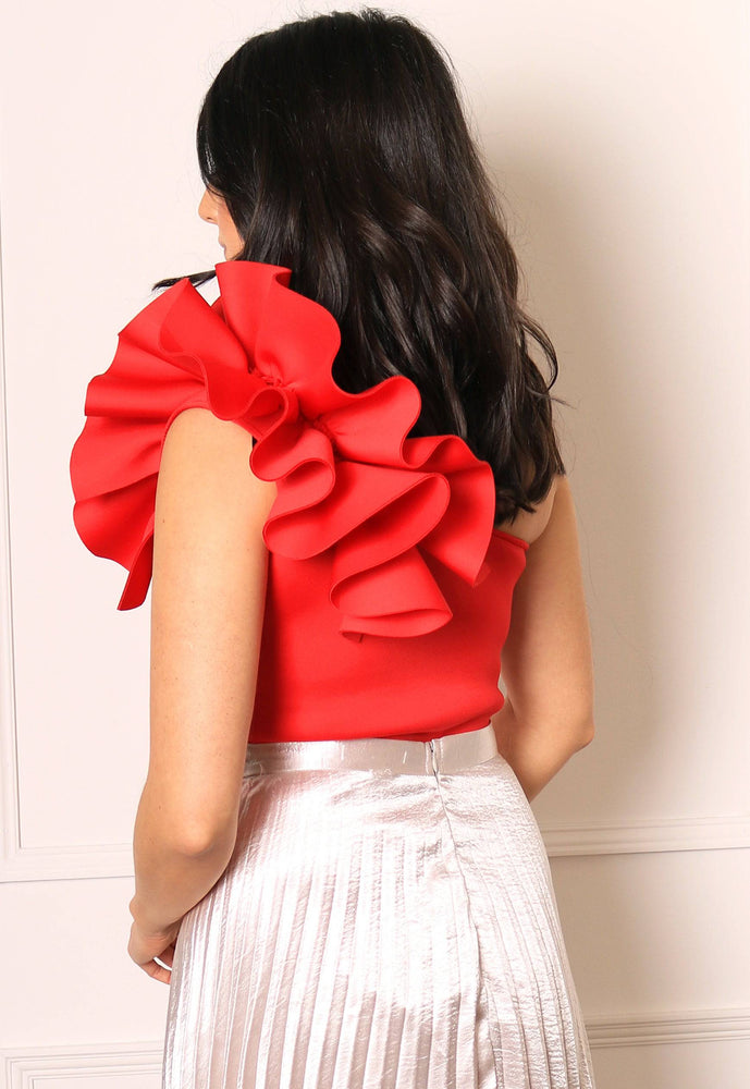 One Shoulder Neoprene Bodysuit with Ruffle Detail in Red - concretebartops