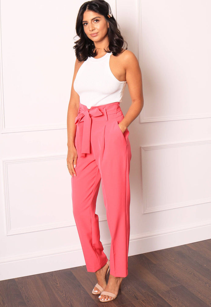 High Waist Tailored Tapered Suit Trousers with Self Tie Belt in Hot Pink - concretebartops