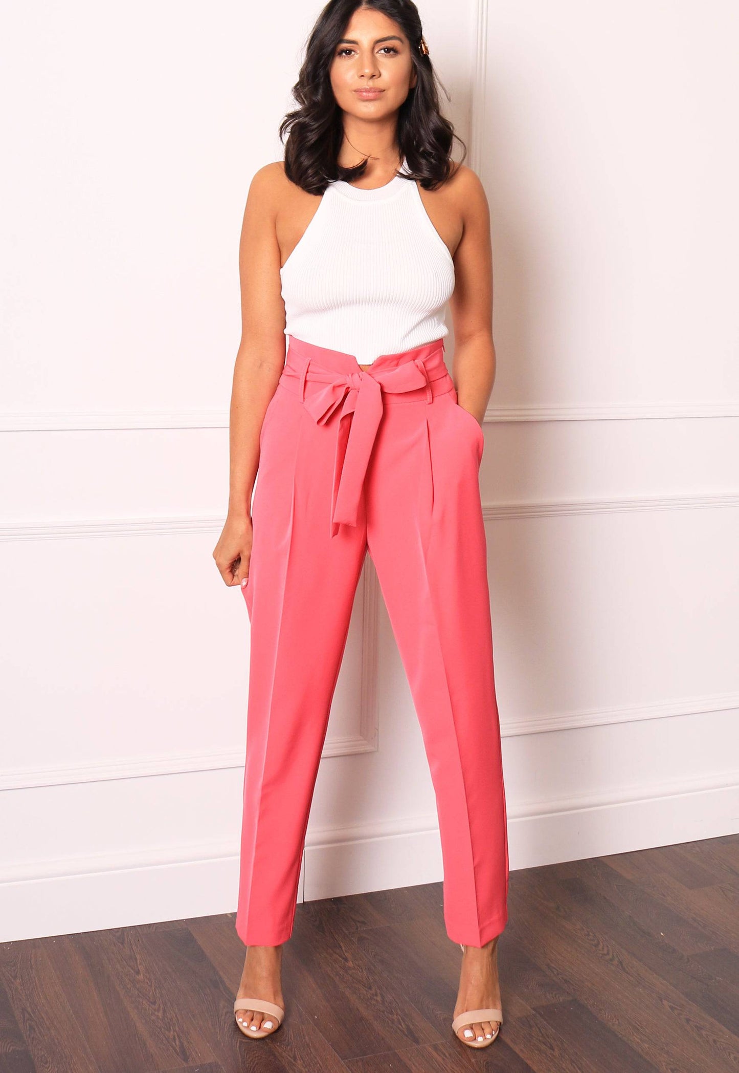 High Waist Tailored Tapered Suit Trousers with Self Tie Belt in Hot Pink - vietnamzoom