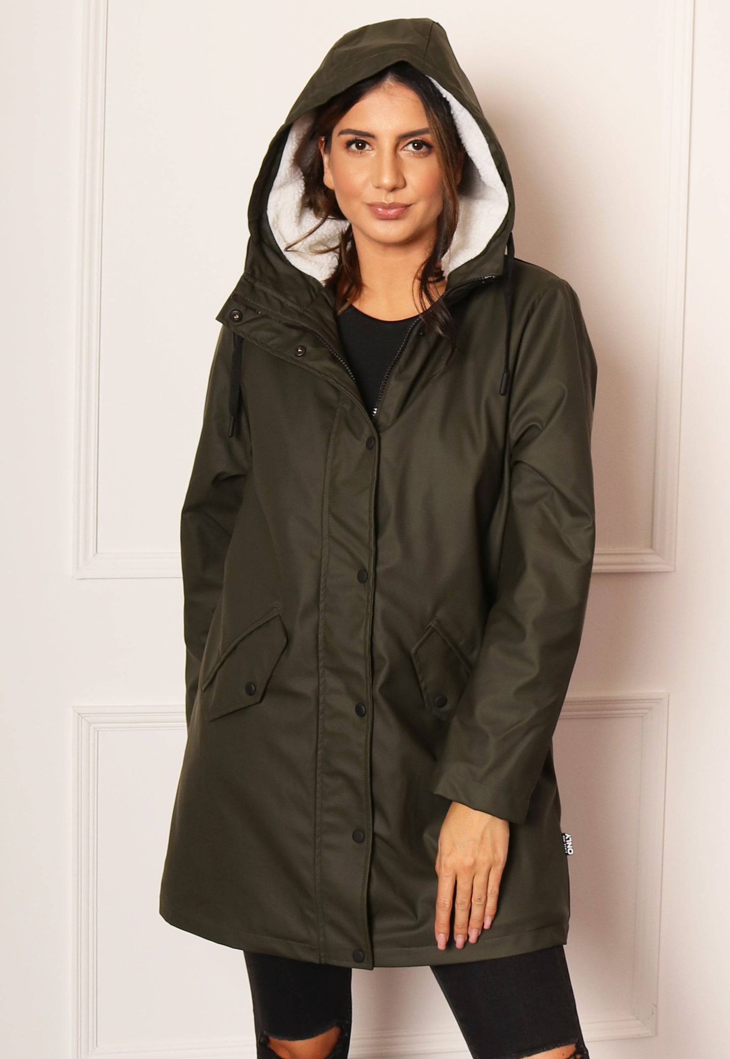 ONLY Sally Rubberised Matte Hooded Raincoat Mac with Shearling Lining in Khaki - concretebartops