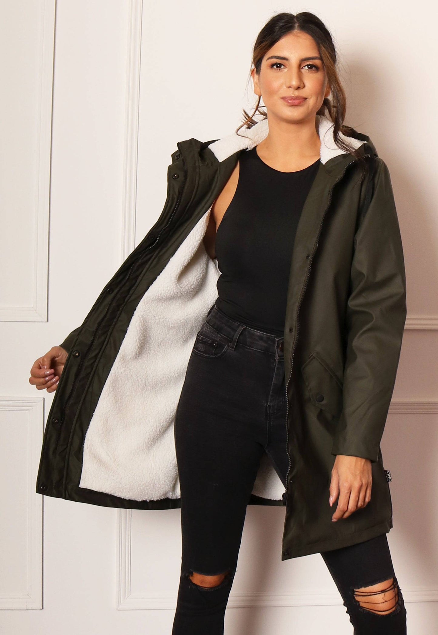ONLY Sally Rubberised Matte Hooded Raincoat Mac with Shearling Lining in Khaki - vietnamzoom