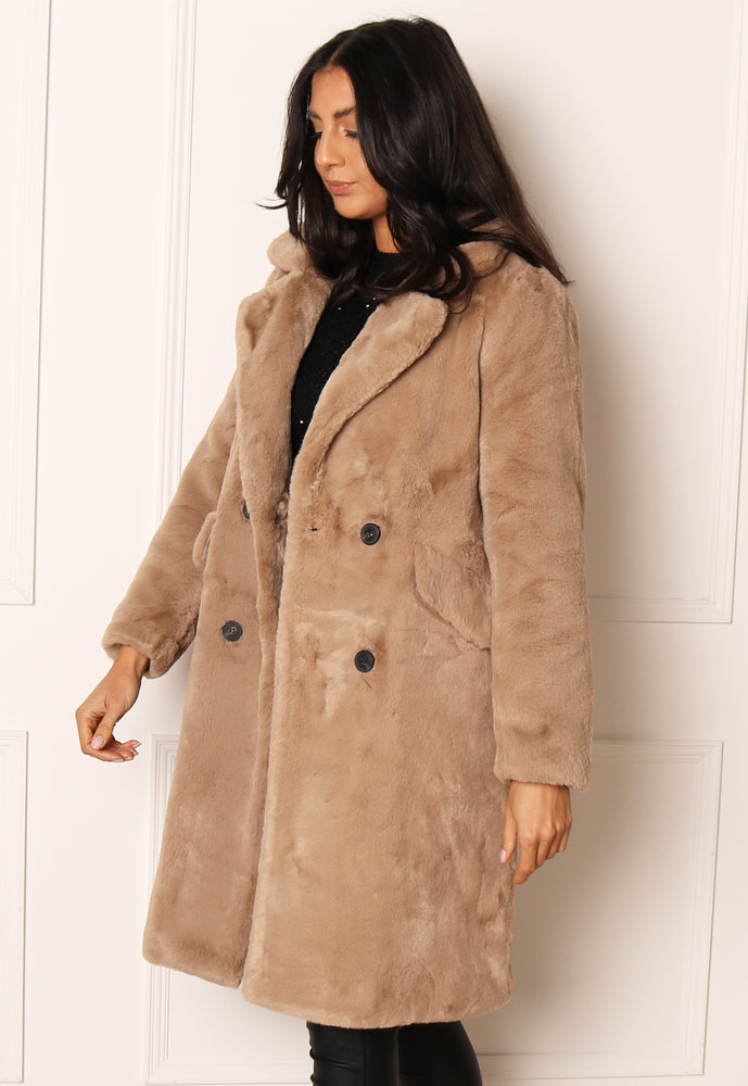 VERO MODA Elly Double Breasted Vintage Style Faux Fur Midi Coat with Collar in Beige - vietnamzoom