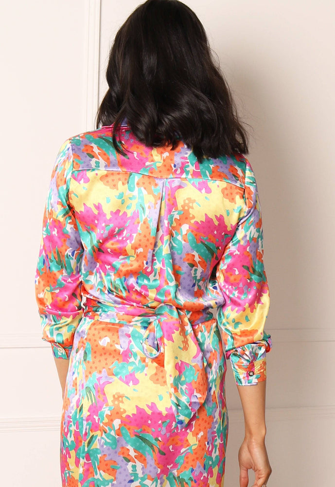Printed Satin Collared Button Shirt in Bright Multi Floral - concretebartops