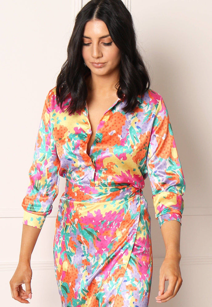 Printed Satin Collared Button Shirt in Bright Multi Floral - vietnamzoom