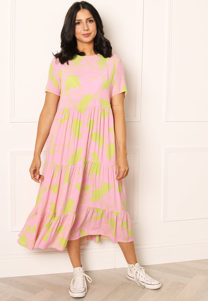 PIECES Malia Printed Oversized Smock Midi Dress with Short Sleeves in Pink & Green - concretebartops