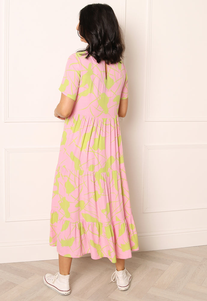 PIECES Malia Printed Oversized Smock Midi Dress with Short Sleeves in Pink & Green - concretebartops