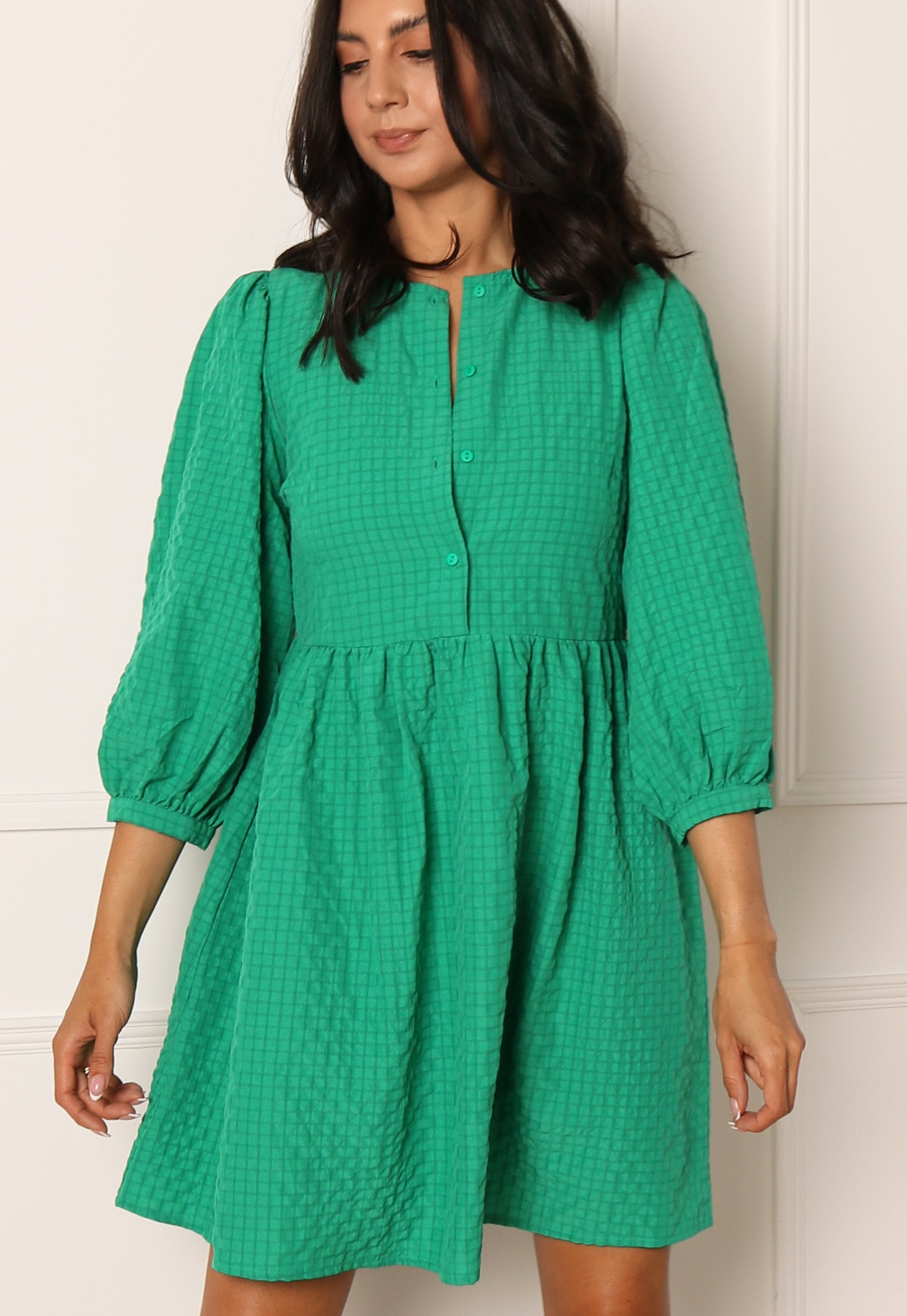 PIECES Andrea Puff Sleeve Button Front Mini Smock Dress in Bright Green - vietnamzoom