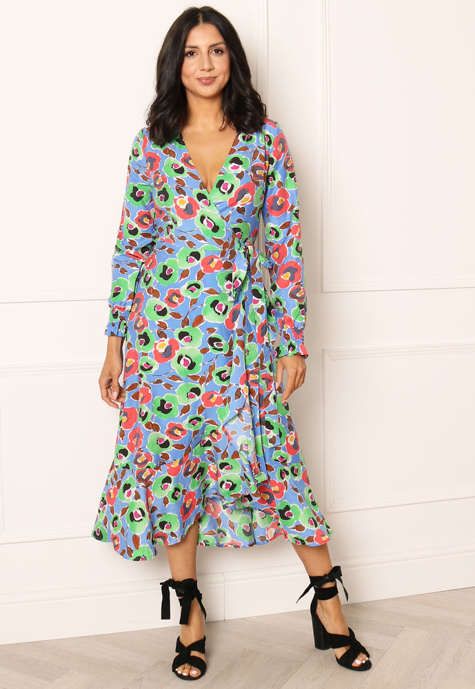 YAS Arty Long Sleeve Floral Print Midi Frill Wrap Dress in Blue, Green & Red - concretebartops