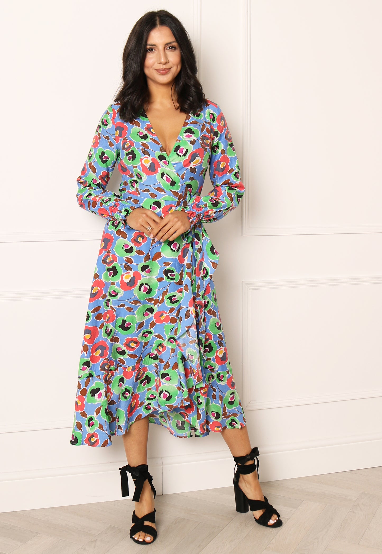 YAS Arty Long Sleeve Floral Print Midi Frill Wrap Dress in Blue, Green & Red - concretebartops