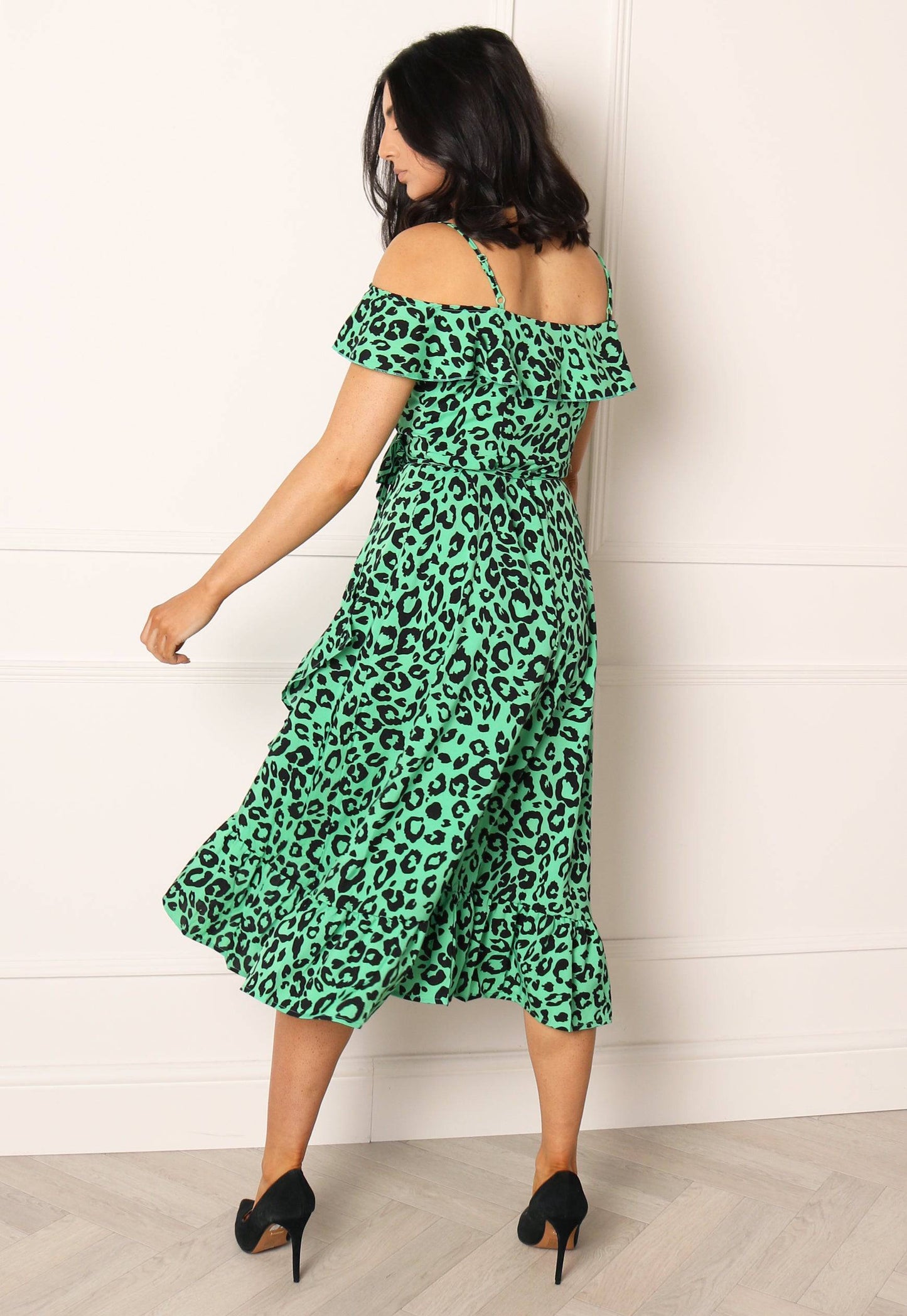 Leopard Print Cold Shoulder Frill Wrap Midi Dress in Green - concretebartops