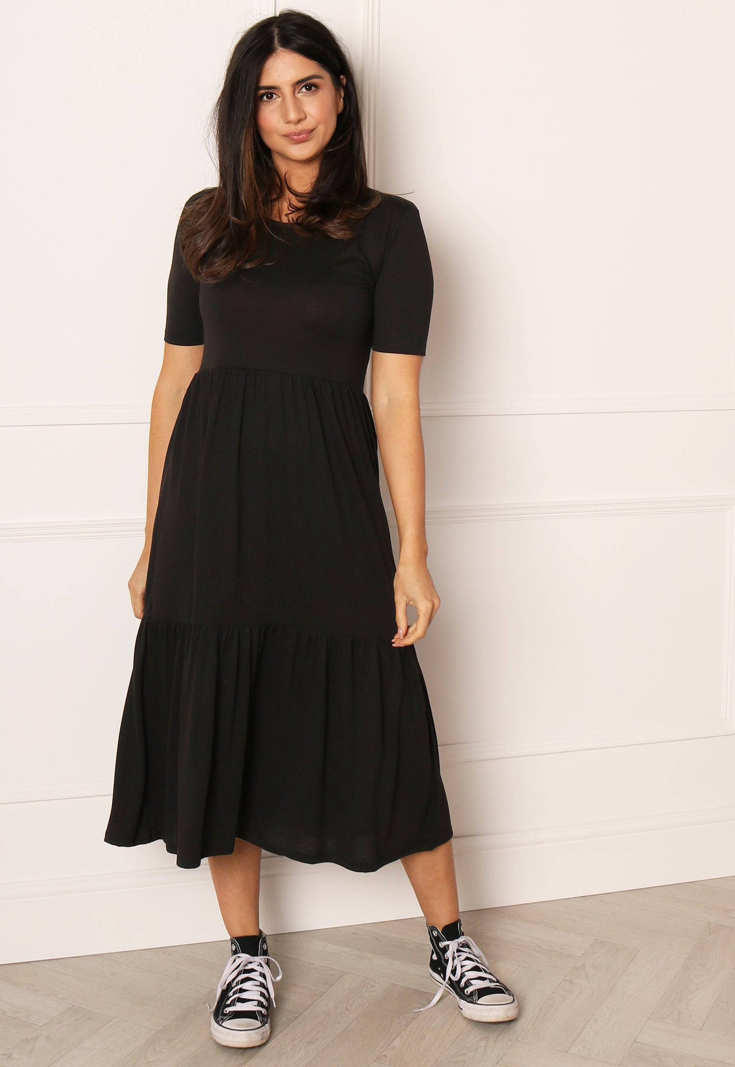 JDY Tiered Jersey Midi Summer Dress in Black - concretebartops