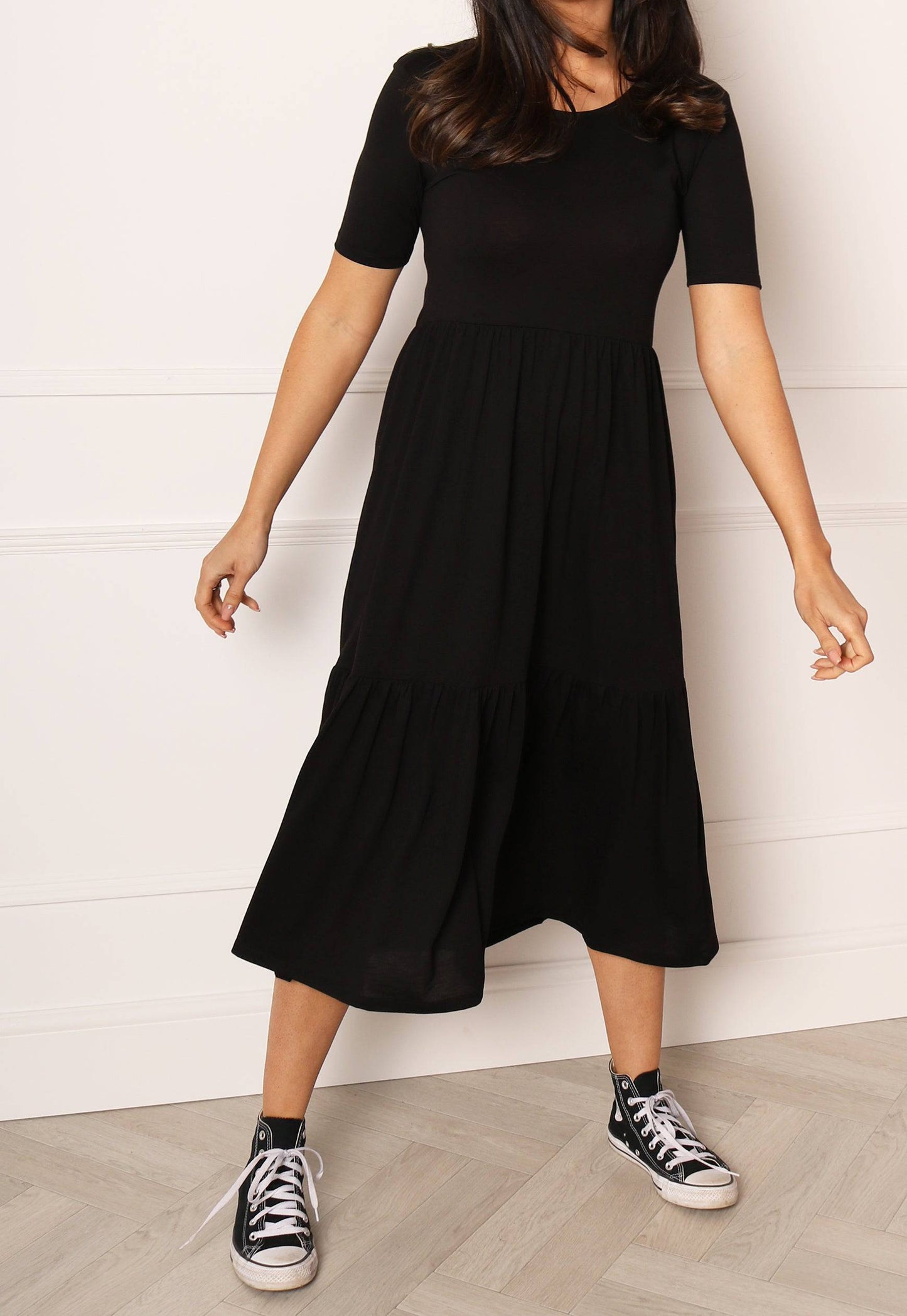 JDY Tiered Jersey Midi Summer Dress in Black - concretebartops