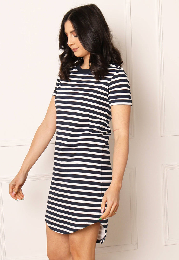 JDY Stripe T-shirt Summer Dress with Curve Hem in Navy & White - concretebartops