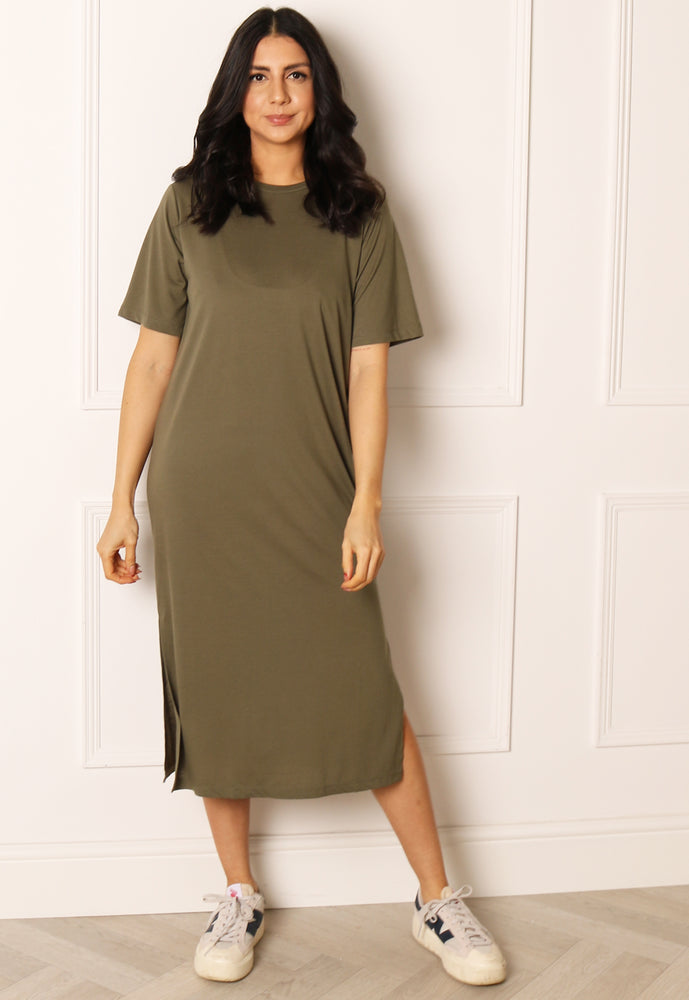 JDY Lila Midi T-shirt Dress with Side Splits in Khaki Green - concretebartops