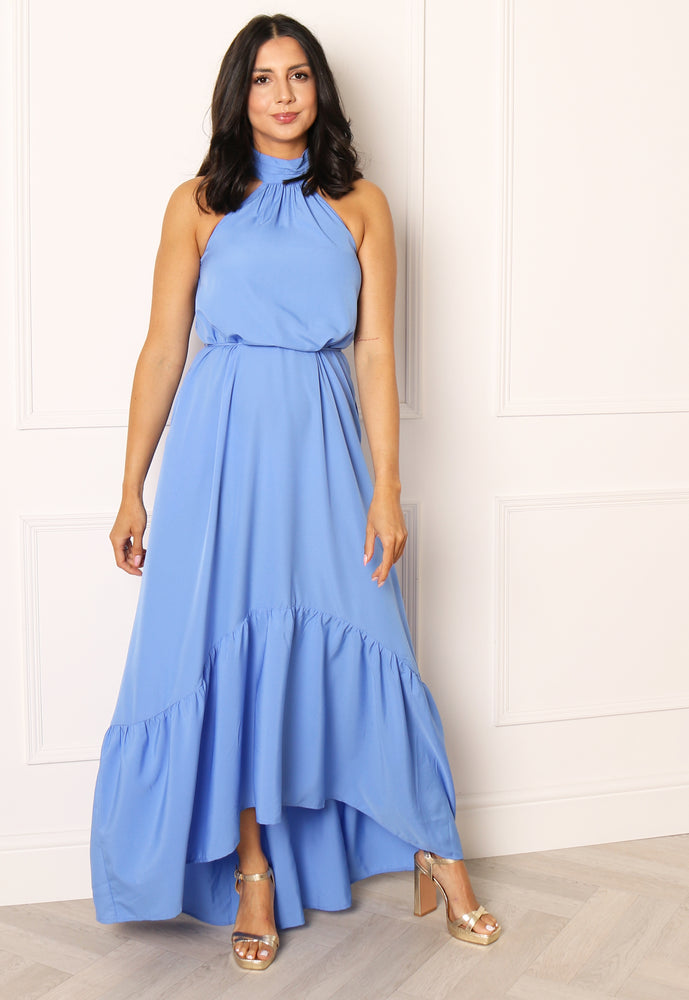 ONLY Laura High Halter Neck Floaty Maxi Dress in Blue - concretebartops