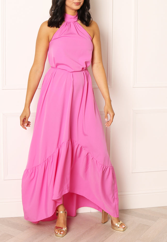 ONLY Laura High Halter Neck Floaty Maxi Dress in Pink - concretebartops