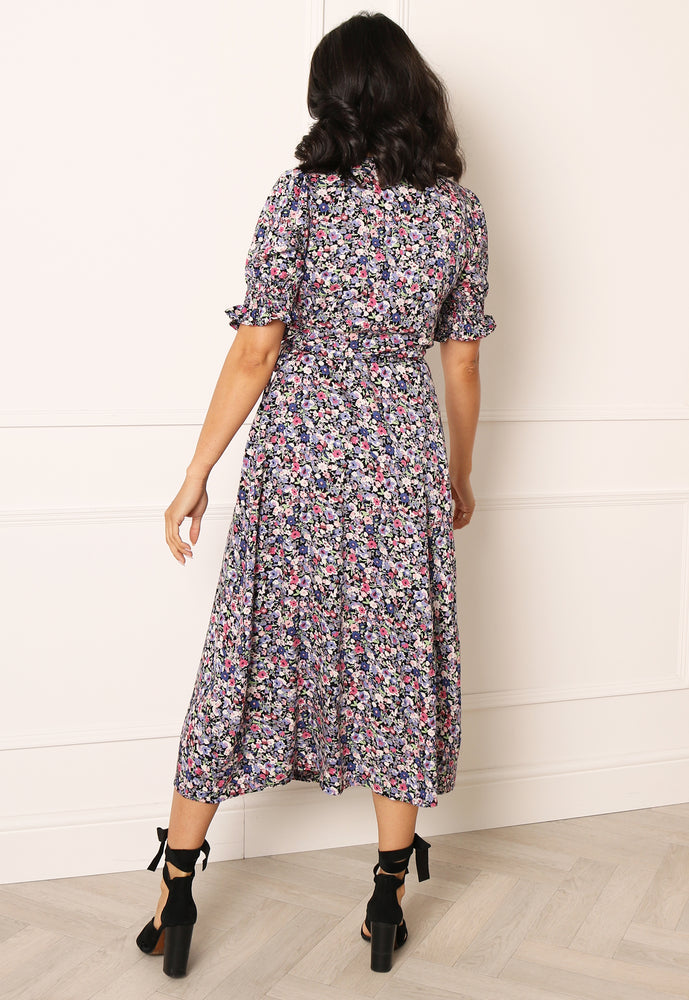 PIECES Nika Ditsy Floral Print Midi Wrap Dress in Blue, Pink & Black - concretebartops