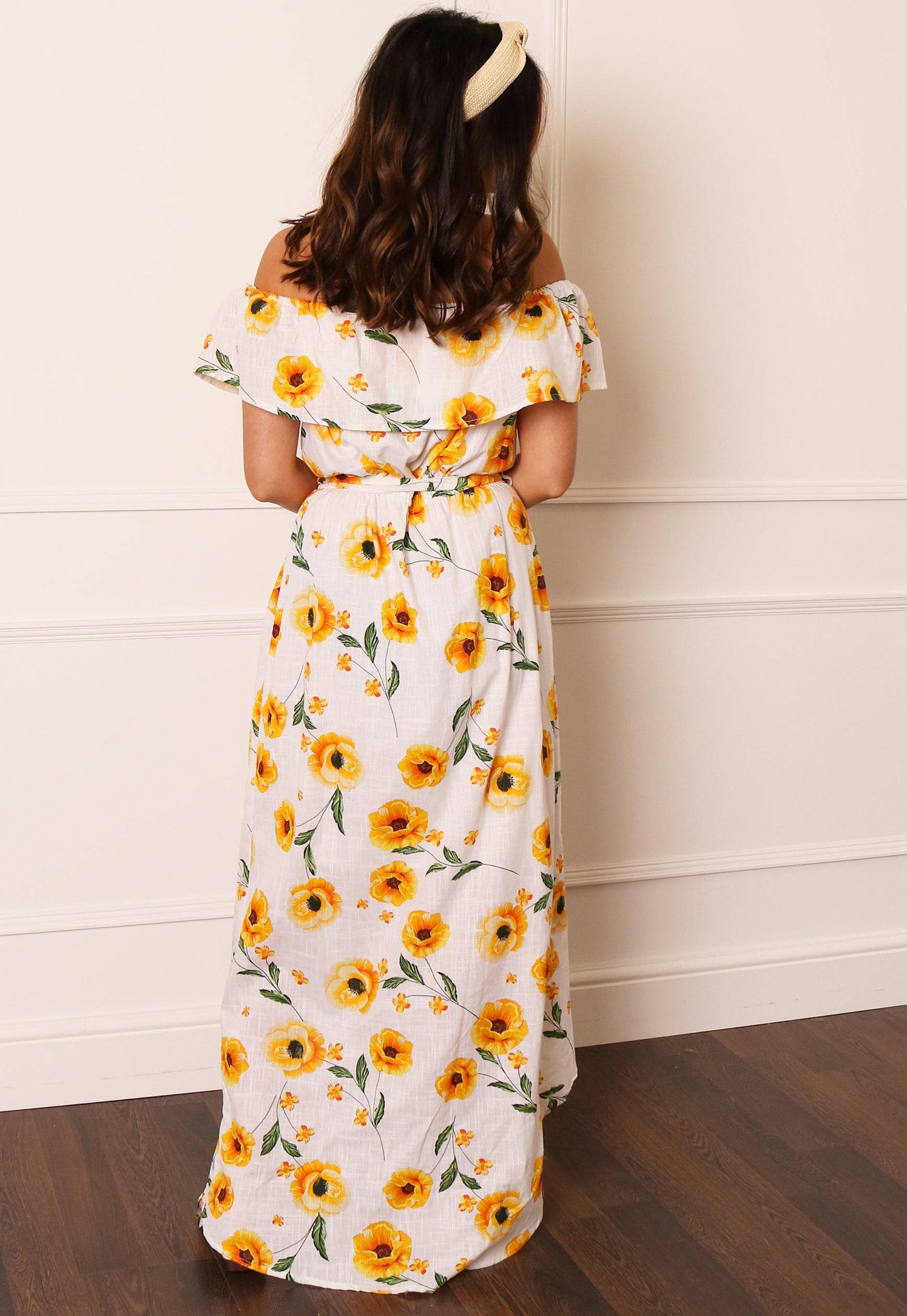 Sunflower Print Frill Off The Shoulder Bandeau Maxi Dress with Wrap Skirt in White & Yellow - concretebartops