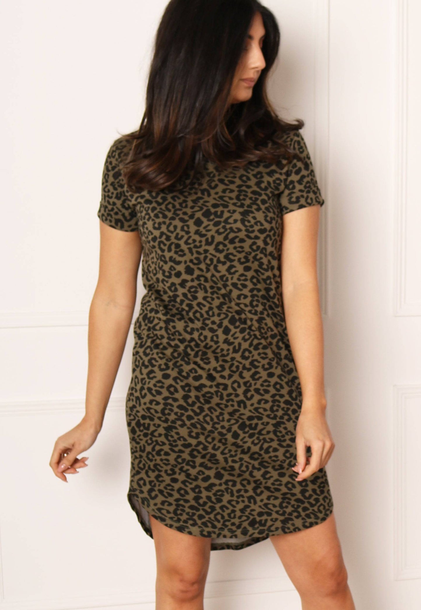 JDY Leopard Print T-shirt Summer Dress with Curve Hem in Khaki & Black - concretebartops