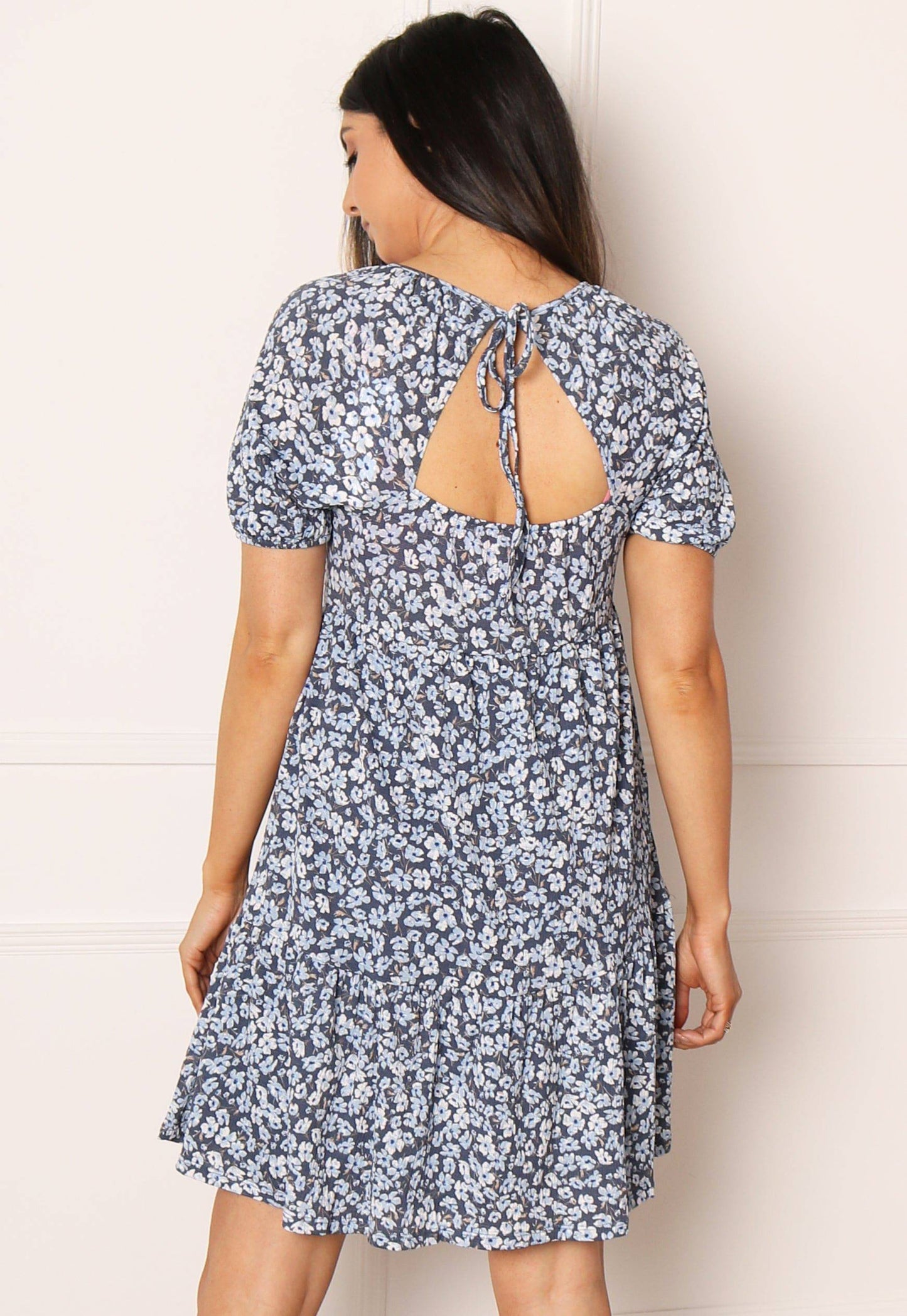 ONLY Pella Floral Short Sleeve Open Back Mini Tea Dress in Blue Tones - concretebartops