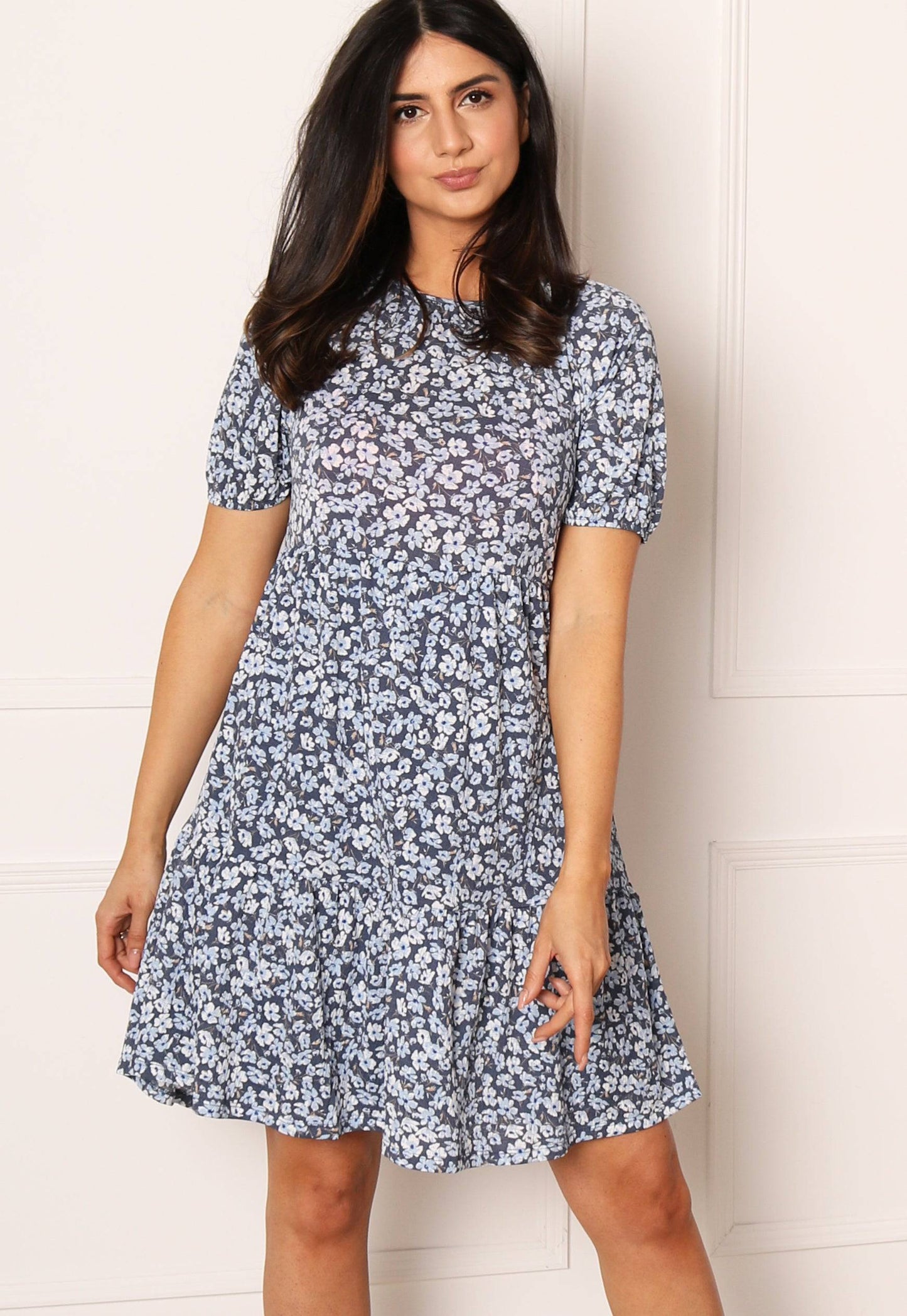 ONLY Pella Floral Short Sleeve Open Back Mini Tea Dress in Blue Tones - concretebartops