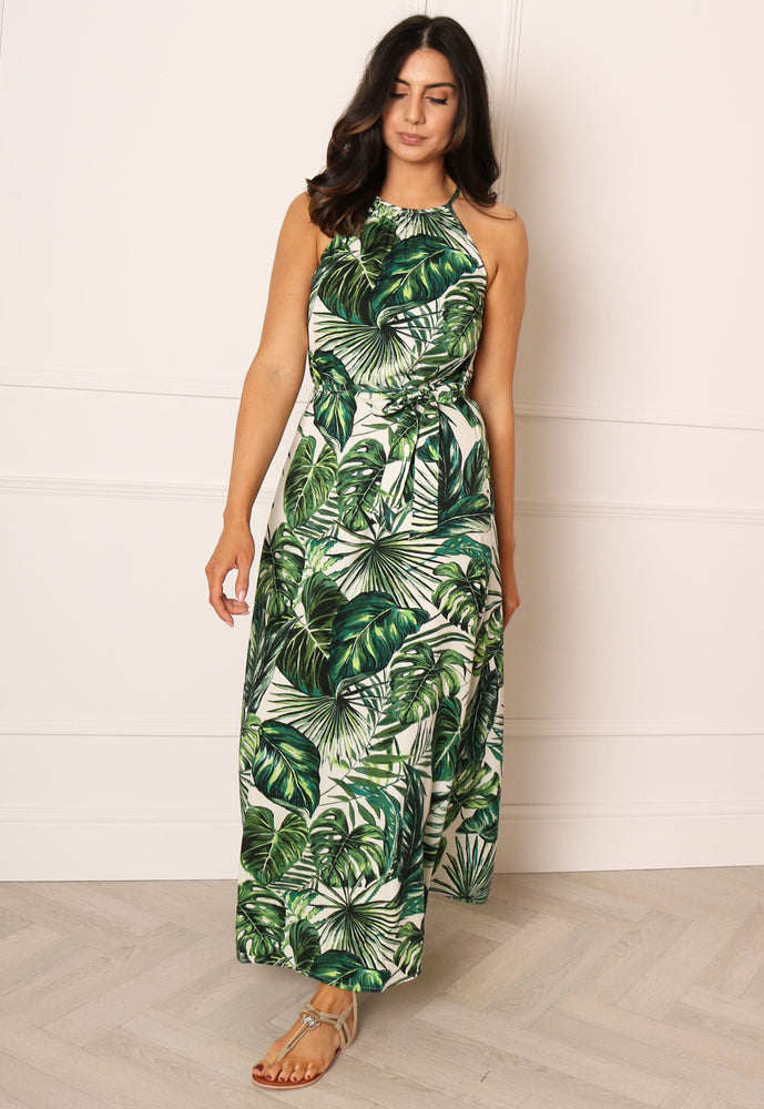 ONLY Tropical Palm Print Halter Neck Maxi Dress in Green & White - vietnamzoom