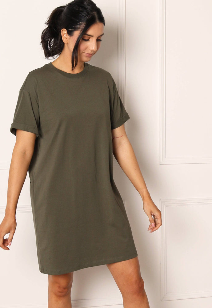 PIECES Ria Cotton T-Shirt Dress in Khaki - concretebartops