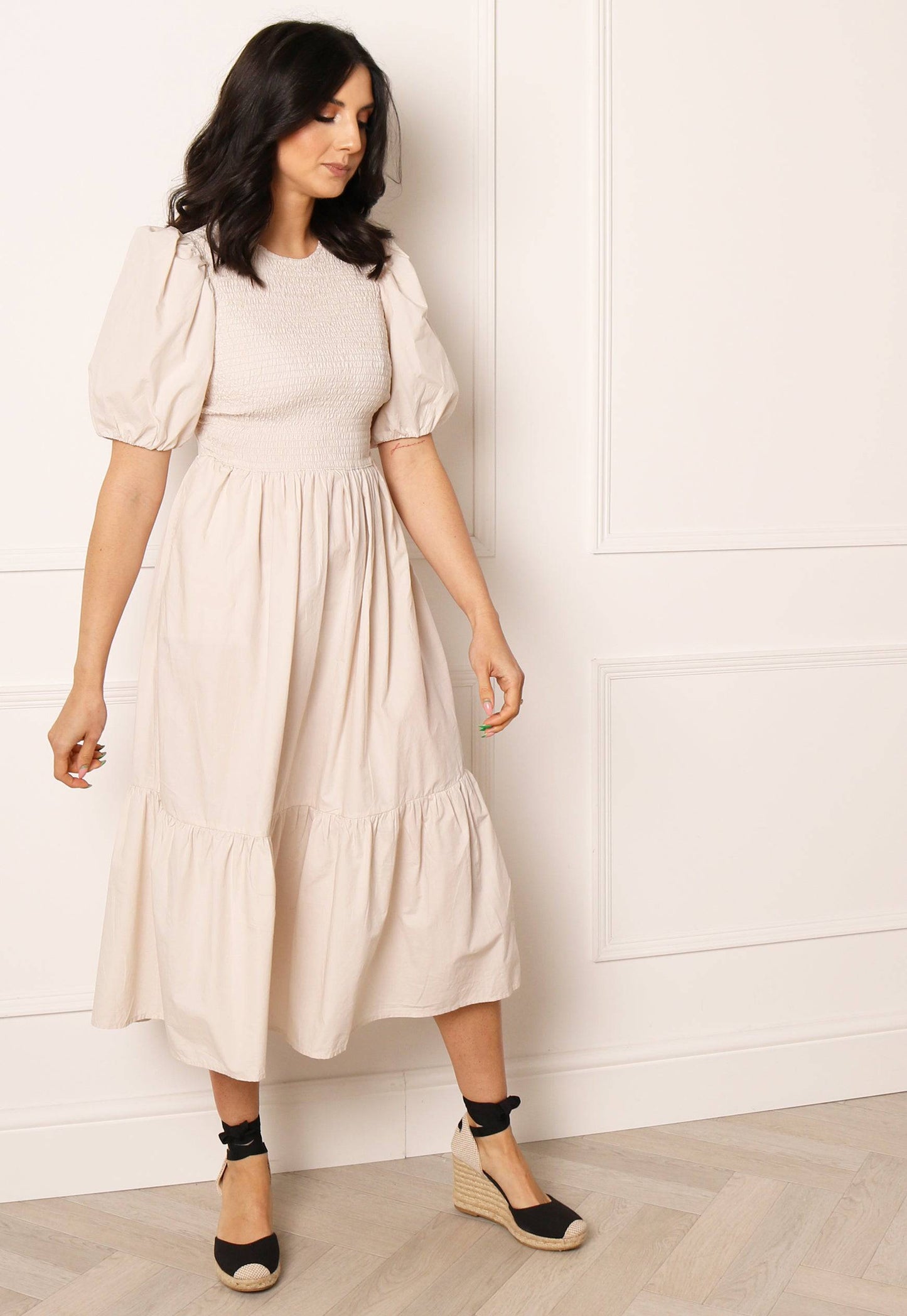 ONLY Shirred Top Cotton Tiered Midi Dress in Soft Beige - concretebartops