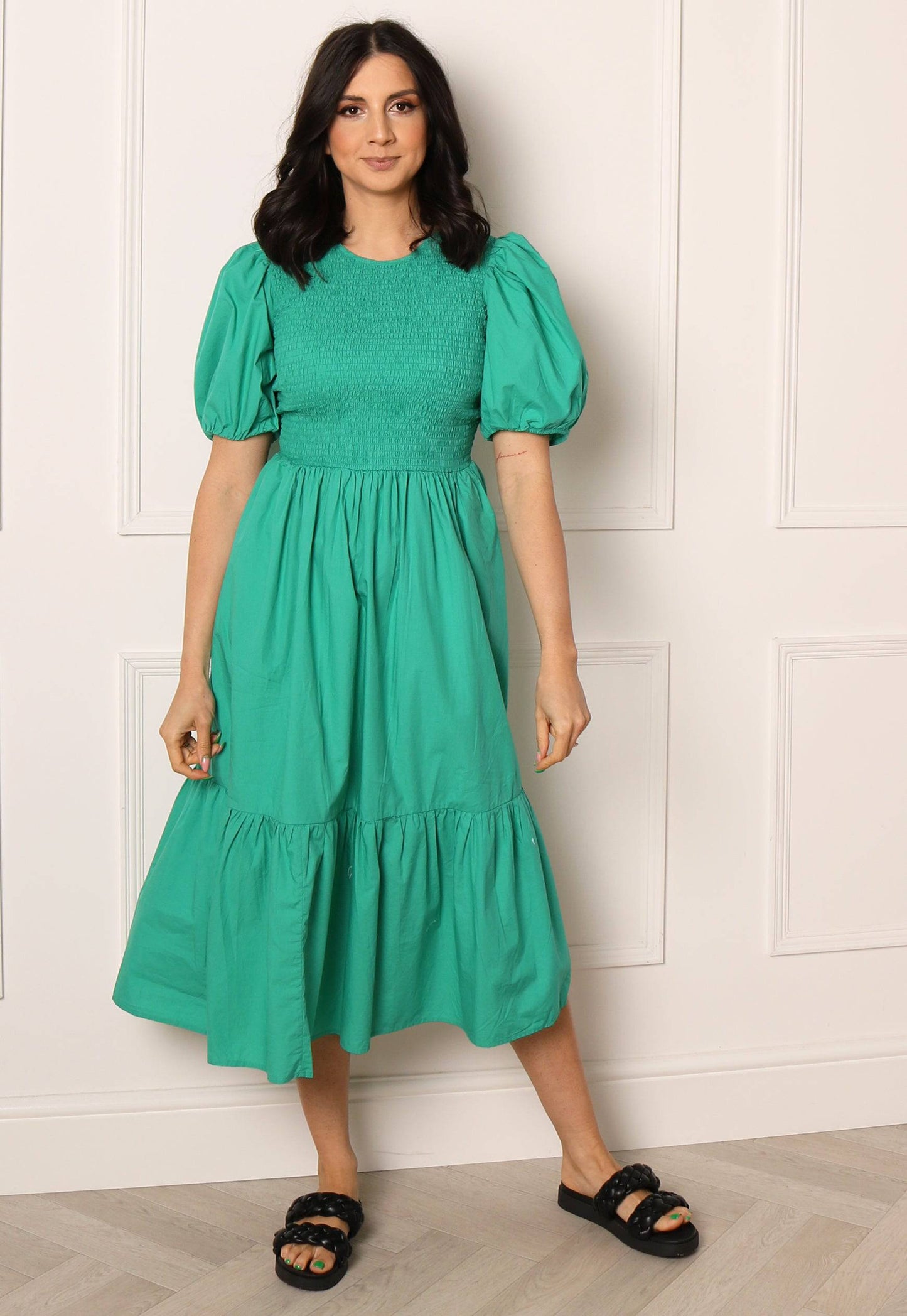 ONLY Shirred Top Cotton Tiered Midi Dress in Green - concretebartops