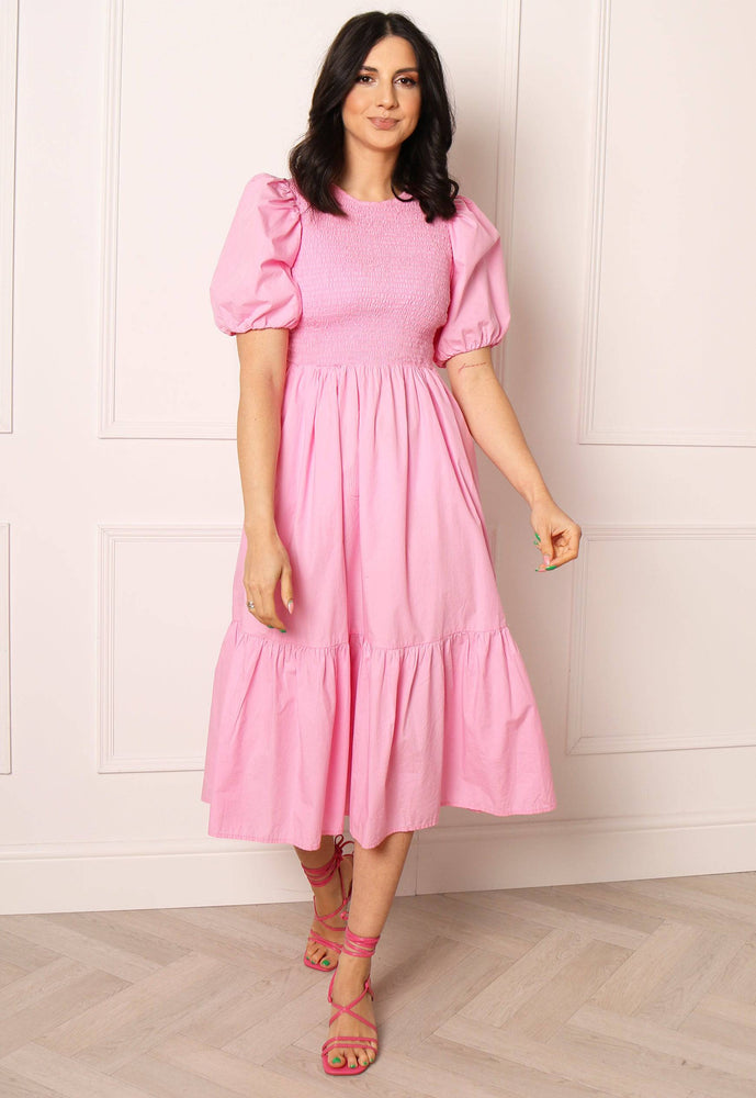ONLY Shirred Top Cotton Tiered Midi Dress in Pink - concretebartops