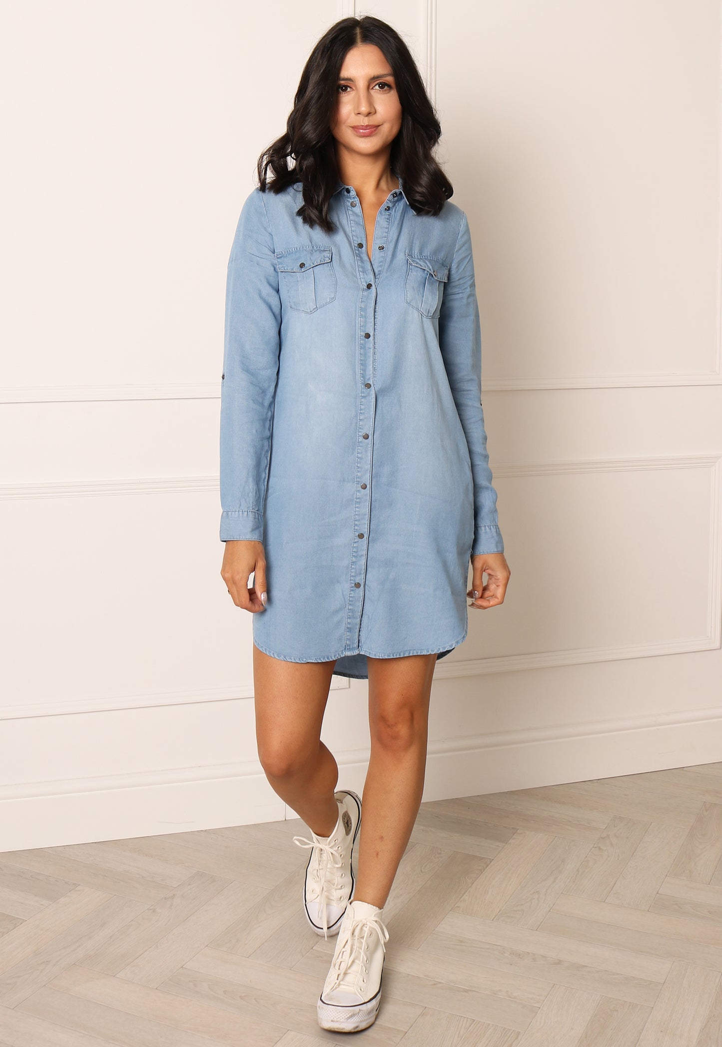 VERO MODA Silla Tencel Denim Button Mini Shirt Dress with Three Quarter Sleeves in Blue - concretebartops