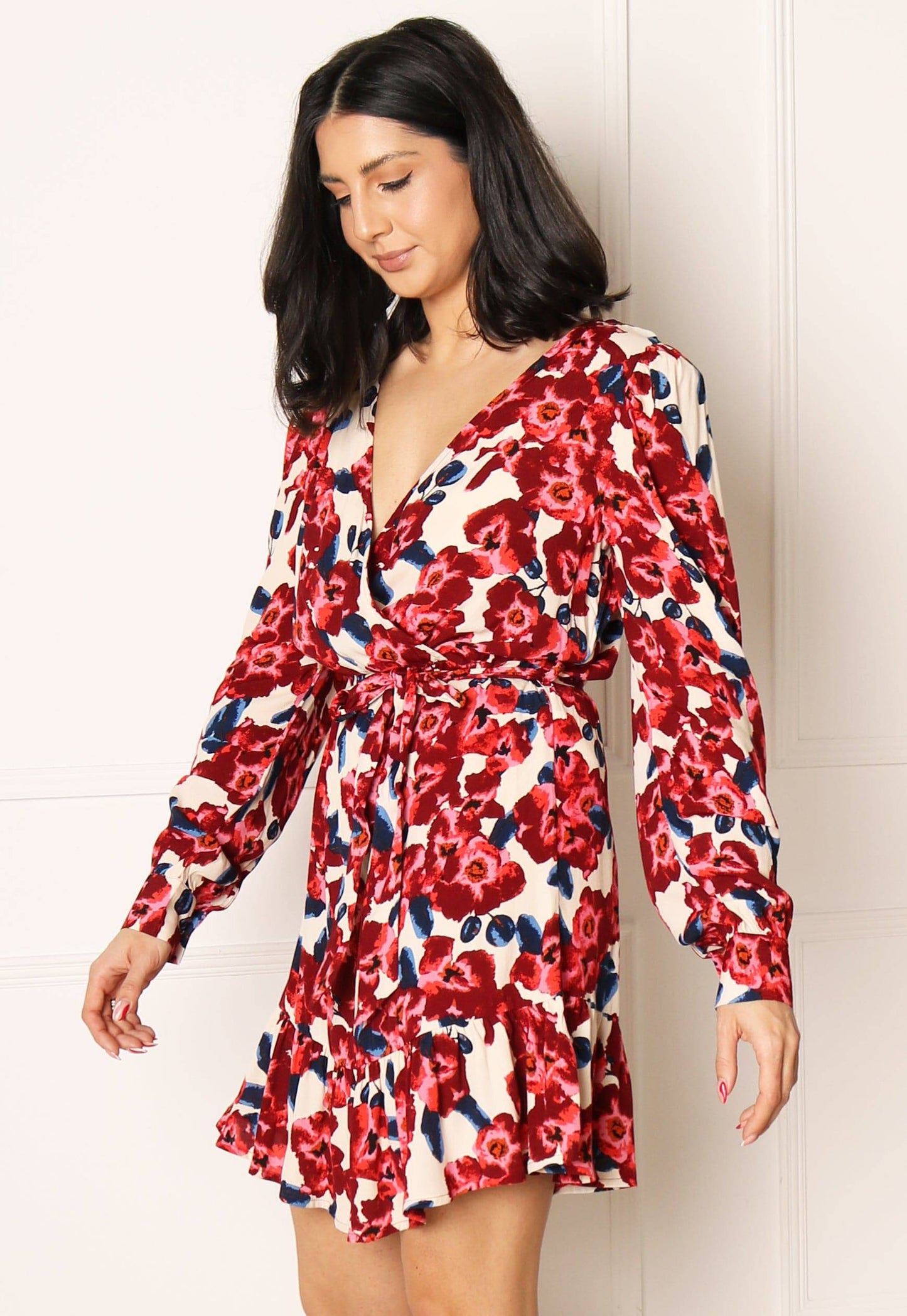 JDY True Floral Long Sleeve Mini Frill Wrap Dress in Red & Pink Tones - concretebartops