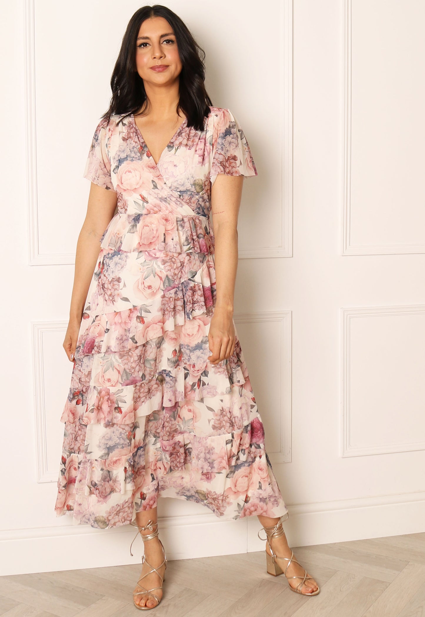 VERO MODA Blair Floral Print Wrap Top Tiered Midi Dress in Pink & Cream Tones - concretebartops