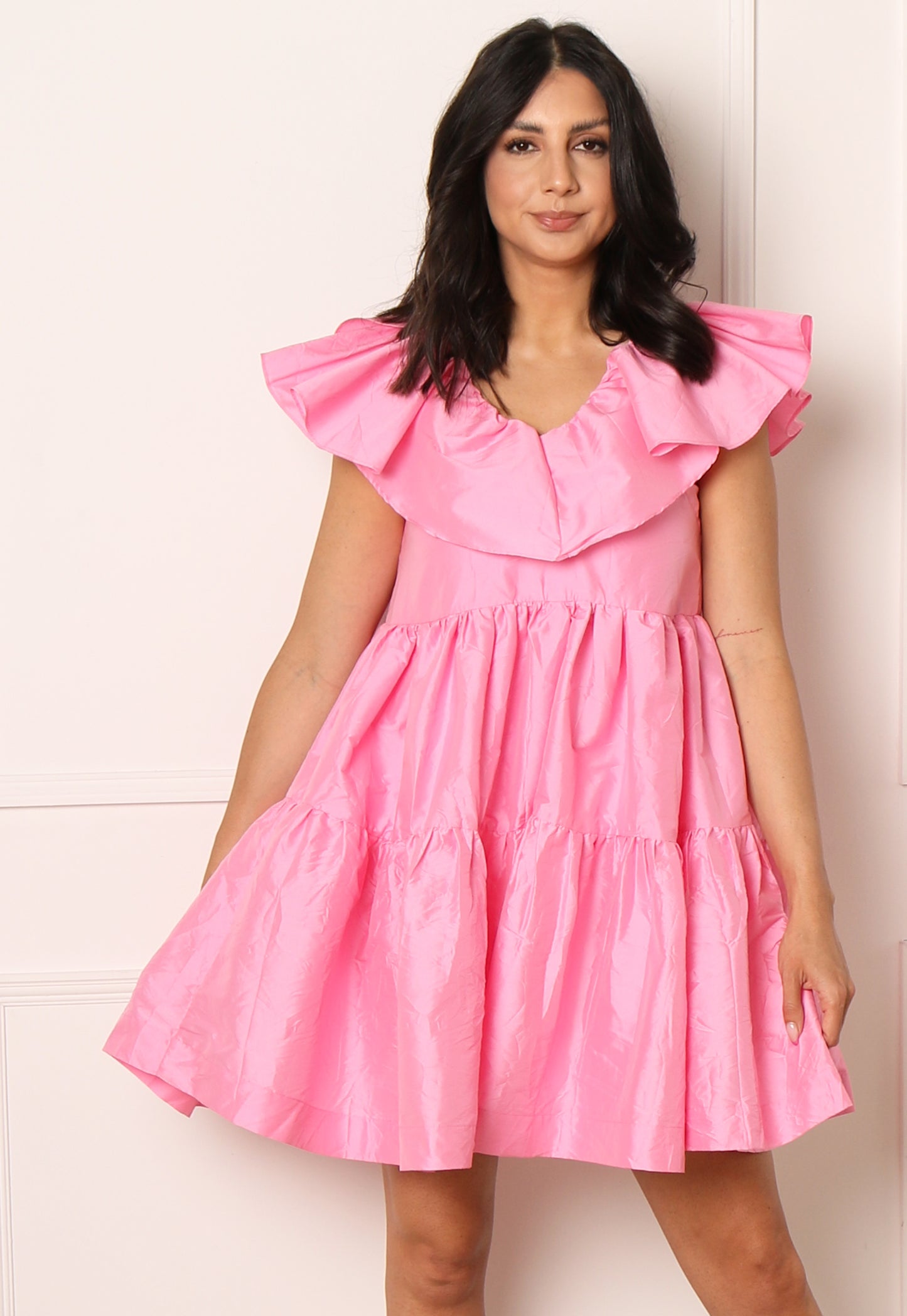 VERO MODA Ree Smock Mini Dress with Oversized Frill in Pink - concretebartops