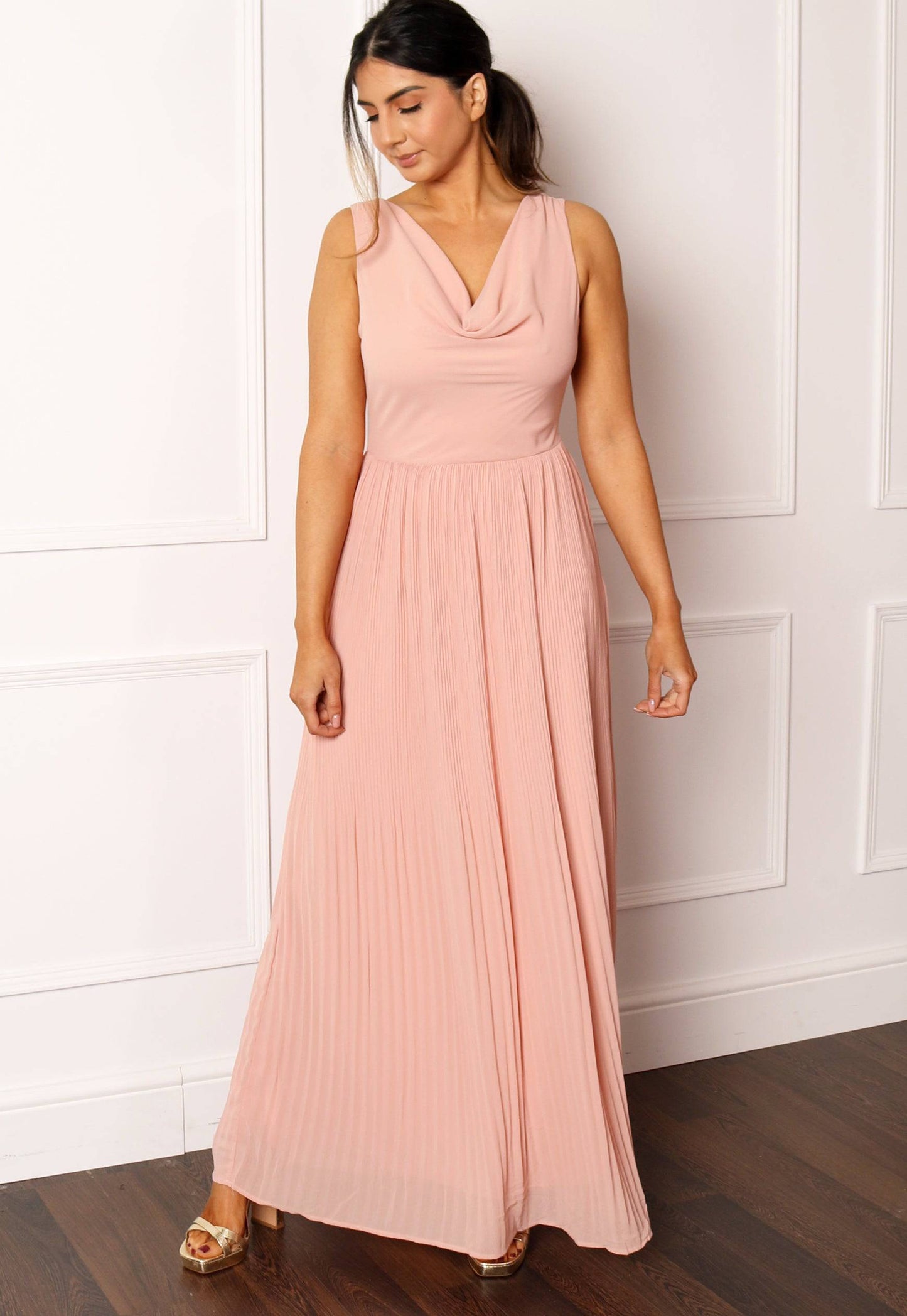 VILA Cowl Neck Pleated Maxi Dress in Dusky Pink - concretebartops