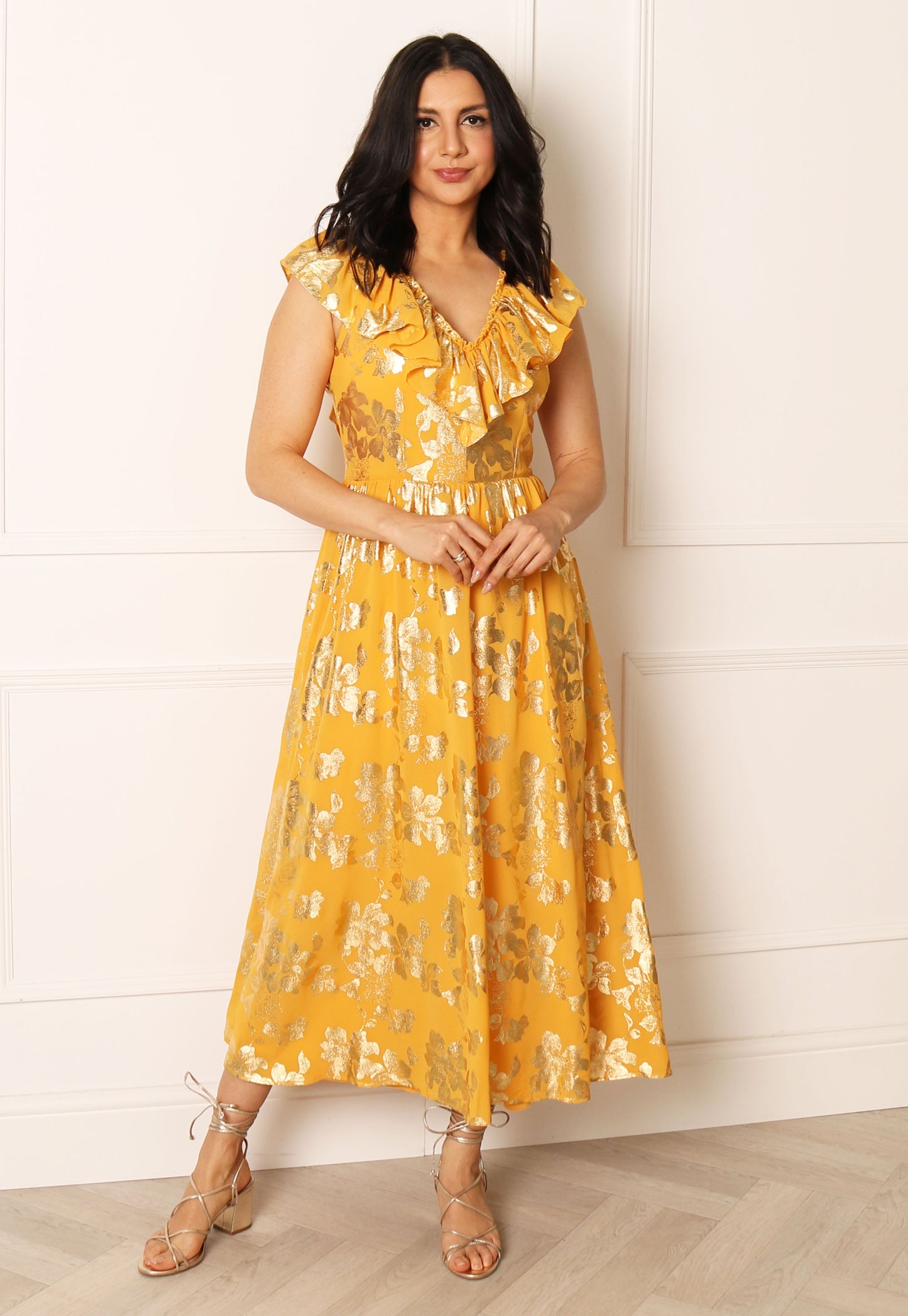 VILA Jaya Floral Print Frill Edge Midi Dress in Yellow & Gold Foil - concretebartops