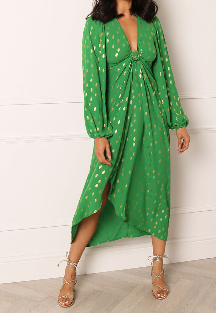 VILA Luca Kimono Knot Front Mid Dress in Green & Gold - concretebartops