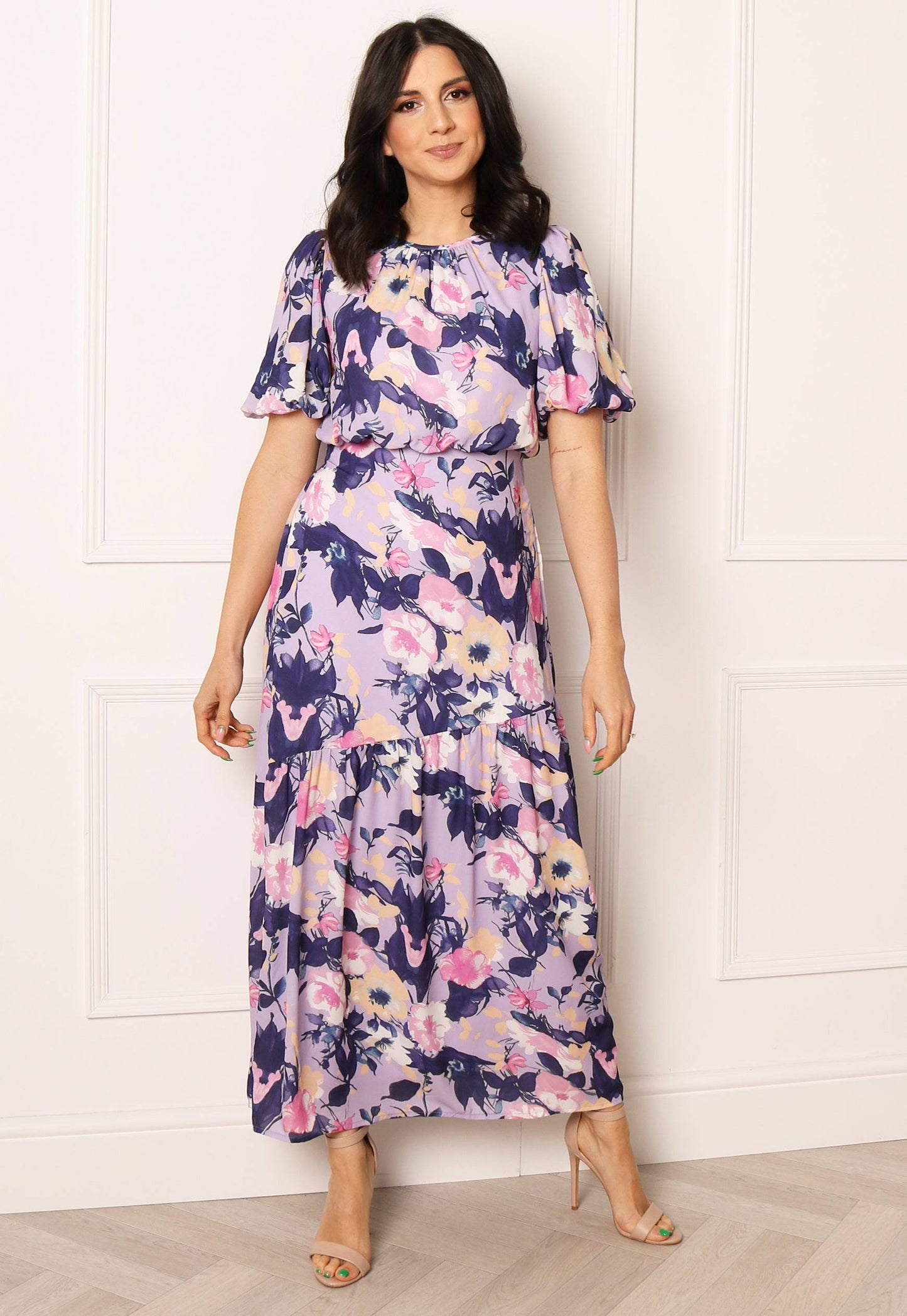 VILA Courtney Floral Print Tiered Hem Maxi Dress in Purple and Lilac - concretebartops