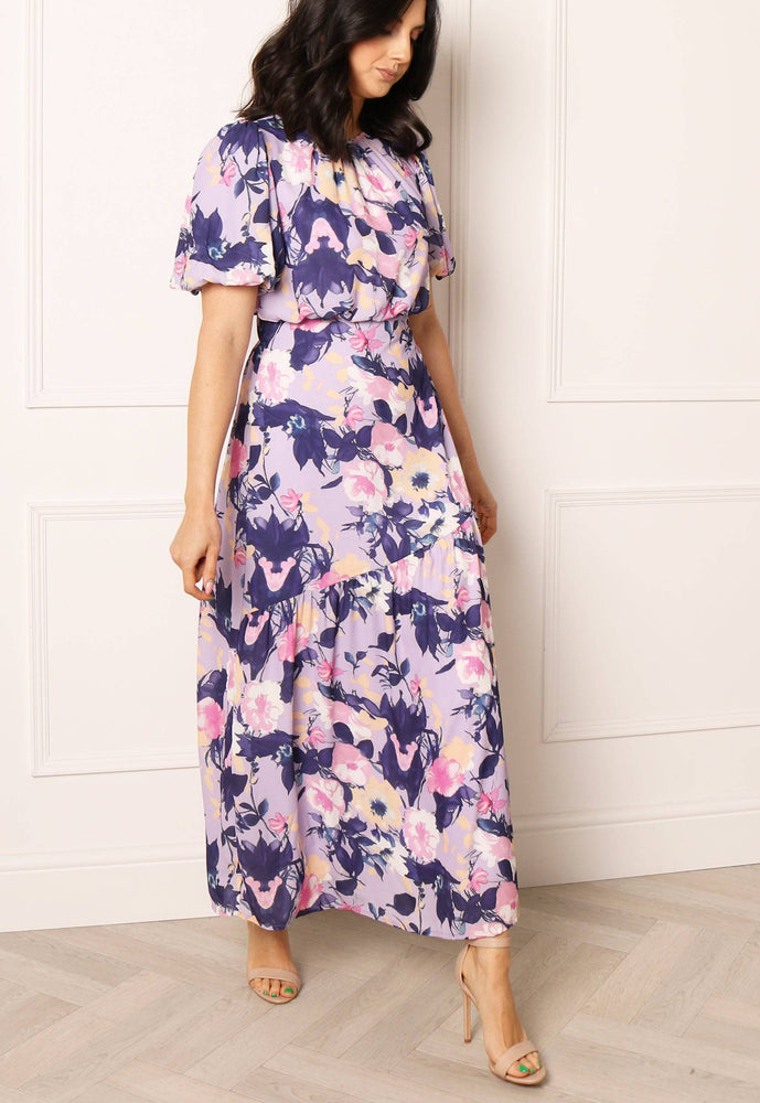 VILA Courtney Floral Print Tiered Hem Maxi Dress in Purple and Lilac - concretebartops